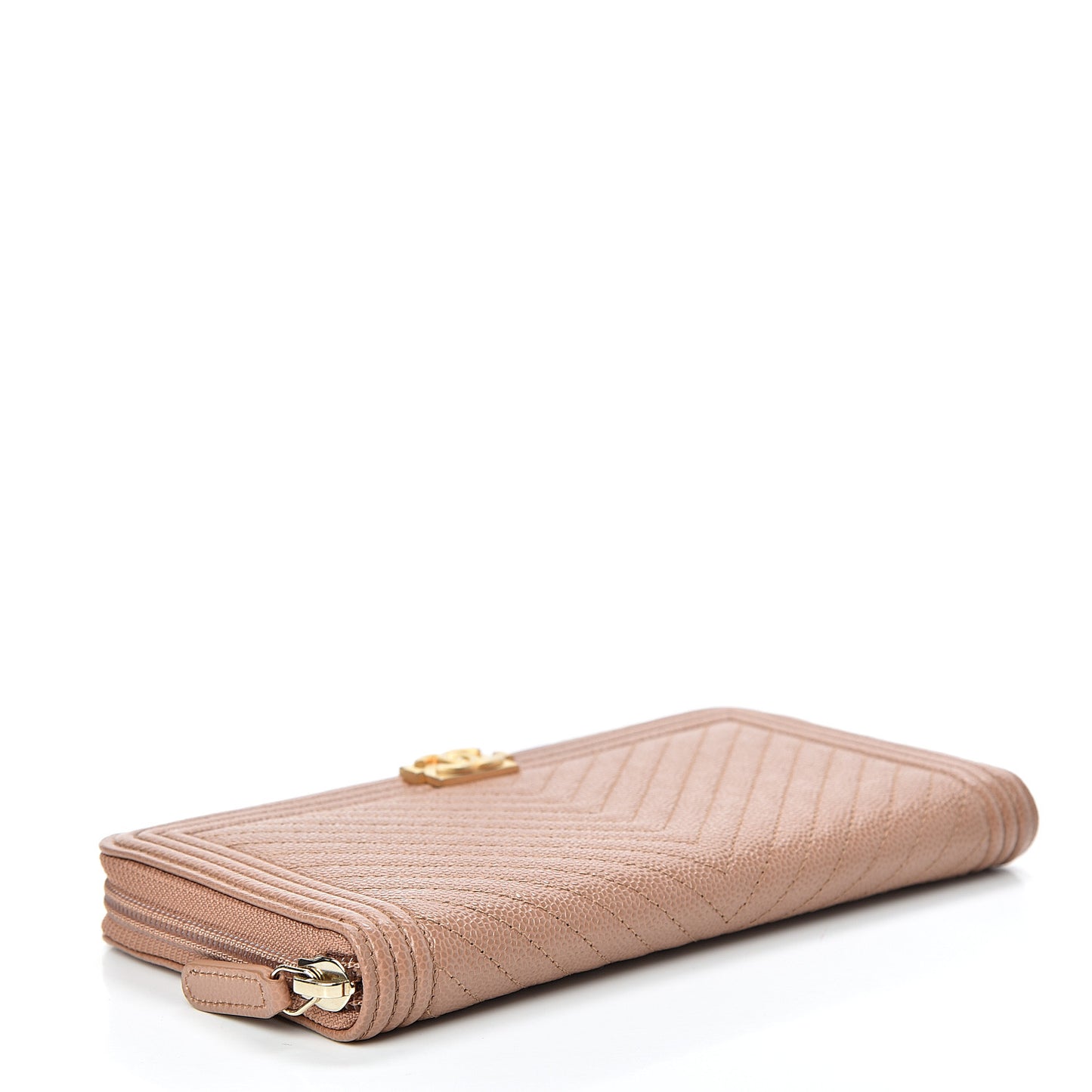 Caviar Chevron Quilted Zip Around Boy Wallet Light Brown