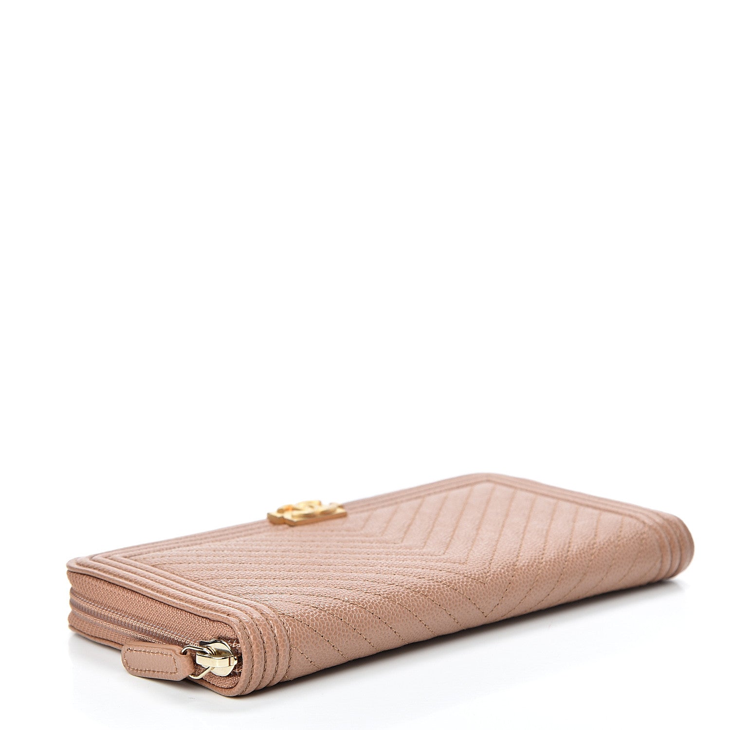 Chanel Caviar Chevron Quilted Zip Around Boy Wallet Light Brown 3 of 8