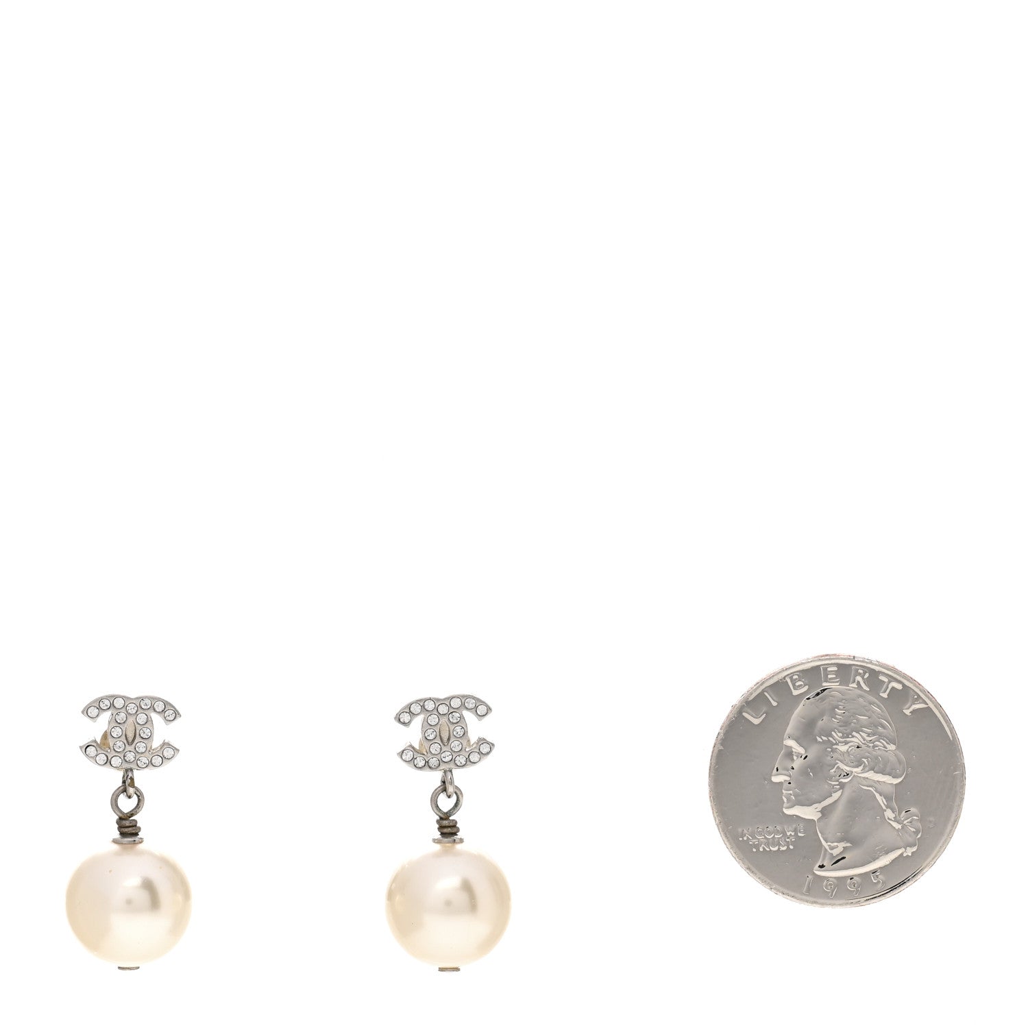 Chanel Crystal Pearl CC Drop Earrings Silver Pearly White 2 of 5