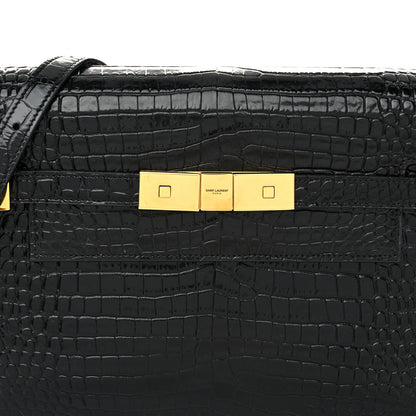 Saint Laurent Shiny Calfskin Crocodile Embossed Small Manhattan Baguette Black 7 of 10