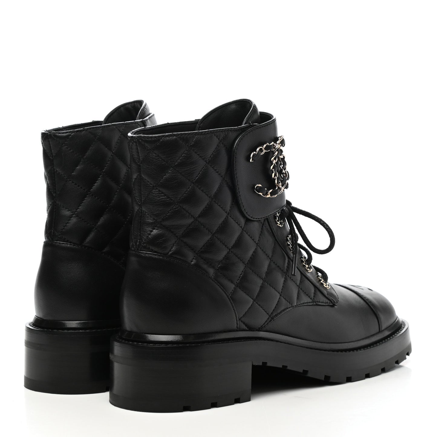 Shiny Lambskin Quilted Lace Up Combat Boots 39.5 Black
