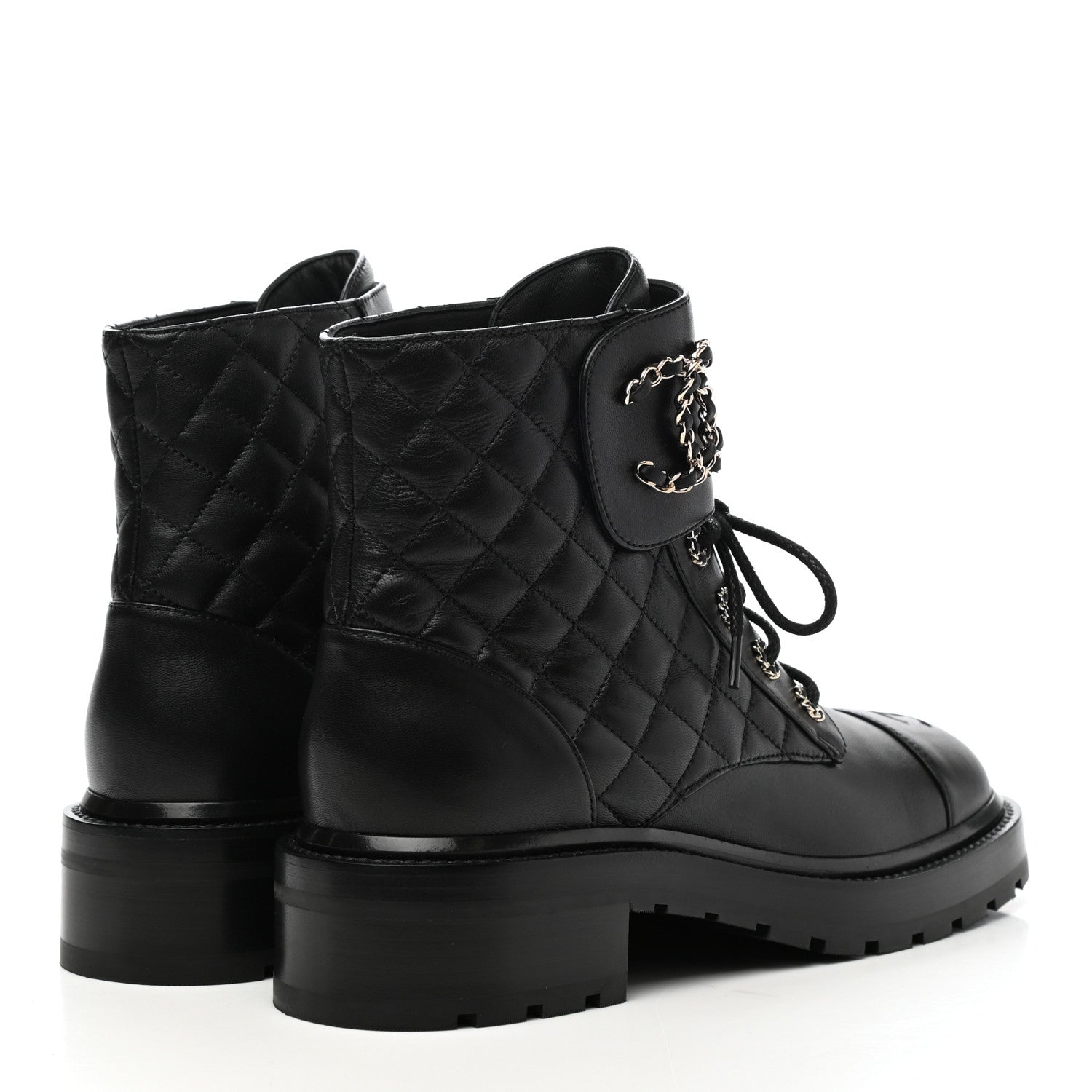 Chanel Shiny Lambskin Quilted Lace Up Combat Boots 39.5 Black 4 of 7