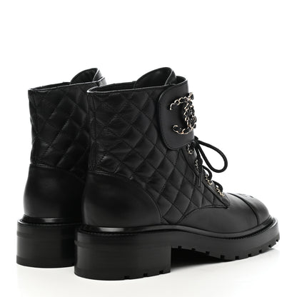 Chanel Shiny Lambskin Quilted Lace Up Combat Boots 39.5 Black 4 of 7