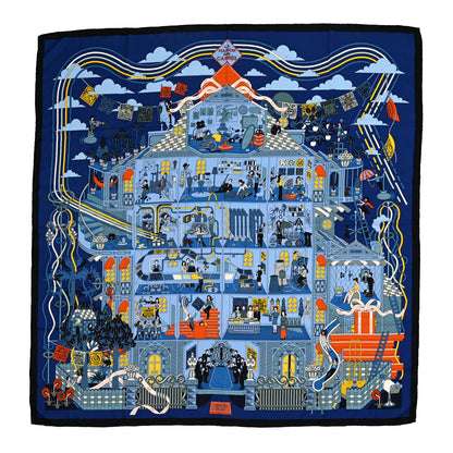 Hermes Cashmere Silk La Maison des Carres Shawl 140 Bleu Nuit Ciel Orange 1 of 5