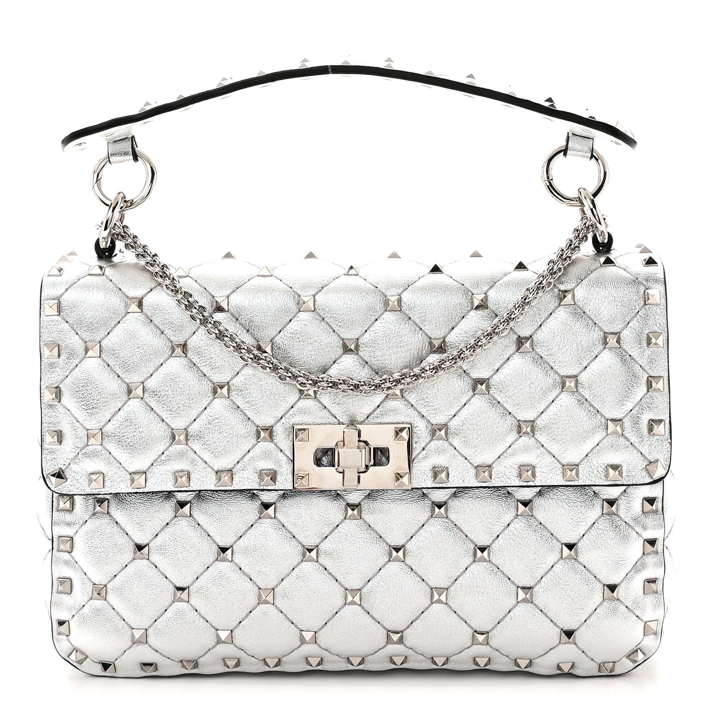Metallic Nappa Medium Rockstud Spike Shoulder Bag Silver
