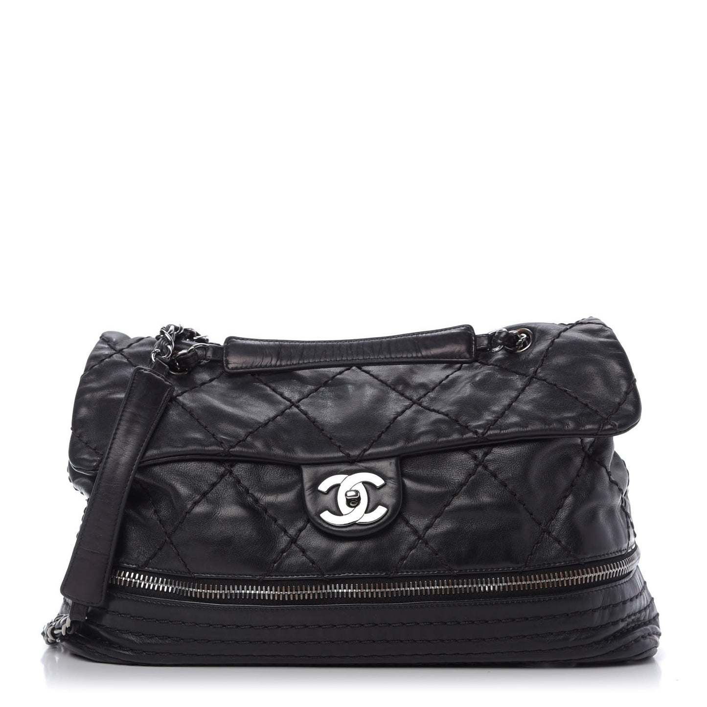 Calfskin Stitched Large Expandable Flap Bag Black