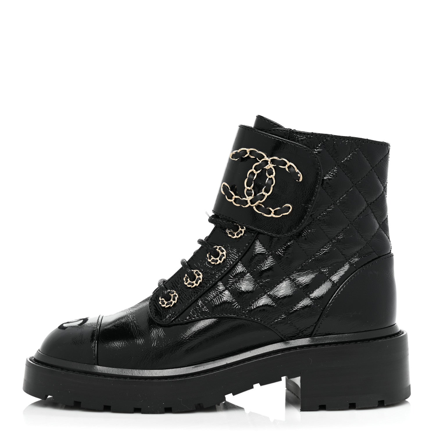 Chanel Shiny Calfskin Quilted Lace Up Combat Boots 36 Black 1 of 10