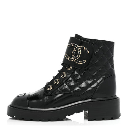 Chanel Shiny Calfskin Quilted Lace Up Combat Boots 36 Black 1 of 10