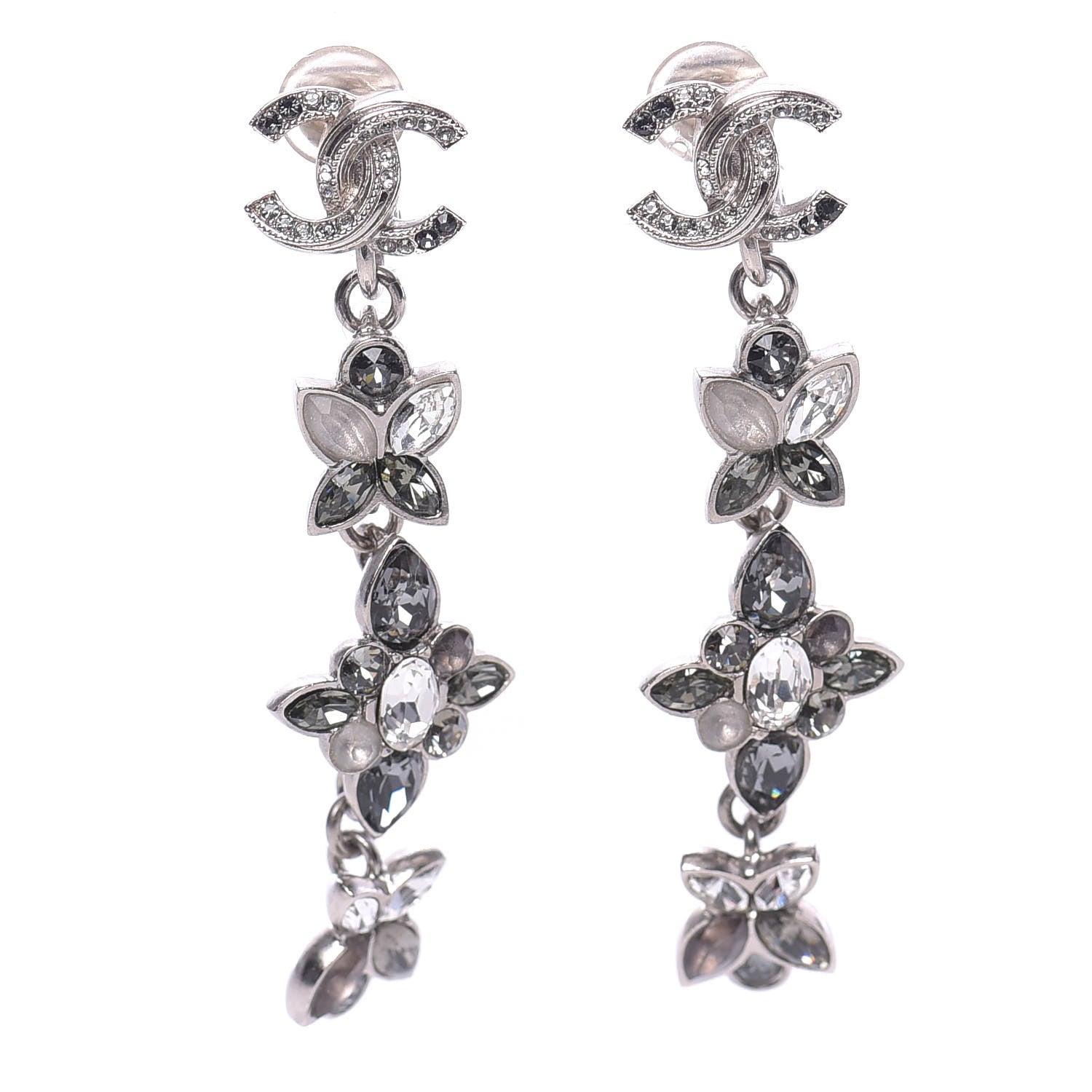 Chanel Crystal CC Clip On Earrings Silver Grey 1 of 5
