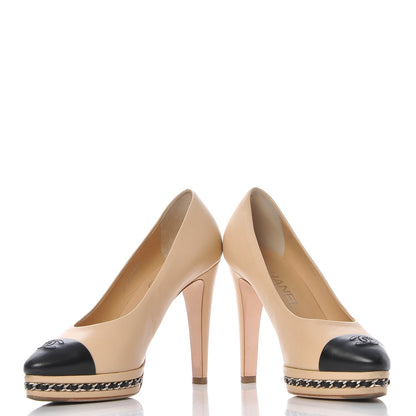 Chanel Calfskin CC Cap Toe Platform Chain Pumps 37 Beige Black 5 of 14