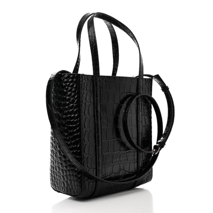 Balenciaga Shiny Calfskin Logo Crocodile Embossed XXS Everyday Tote Black 3 of 14