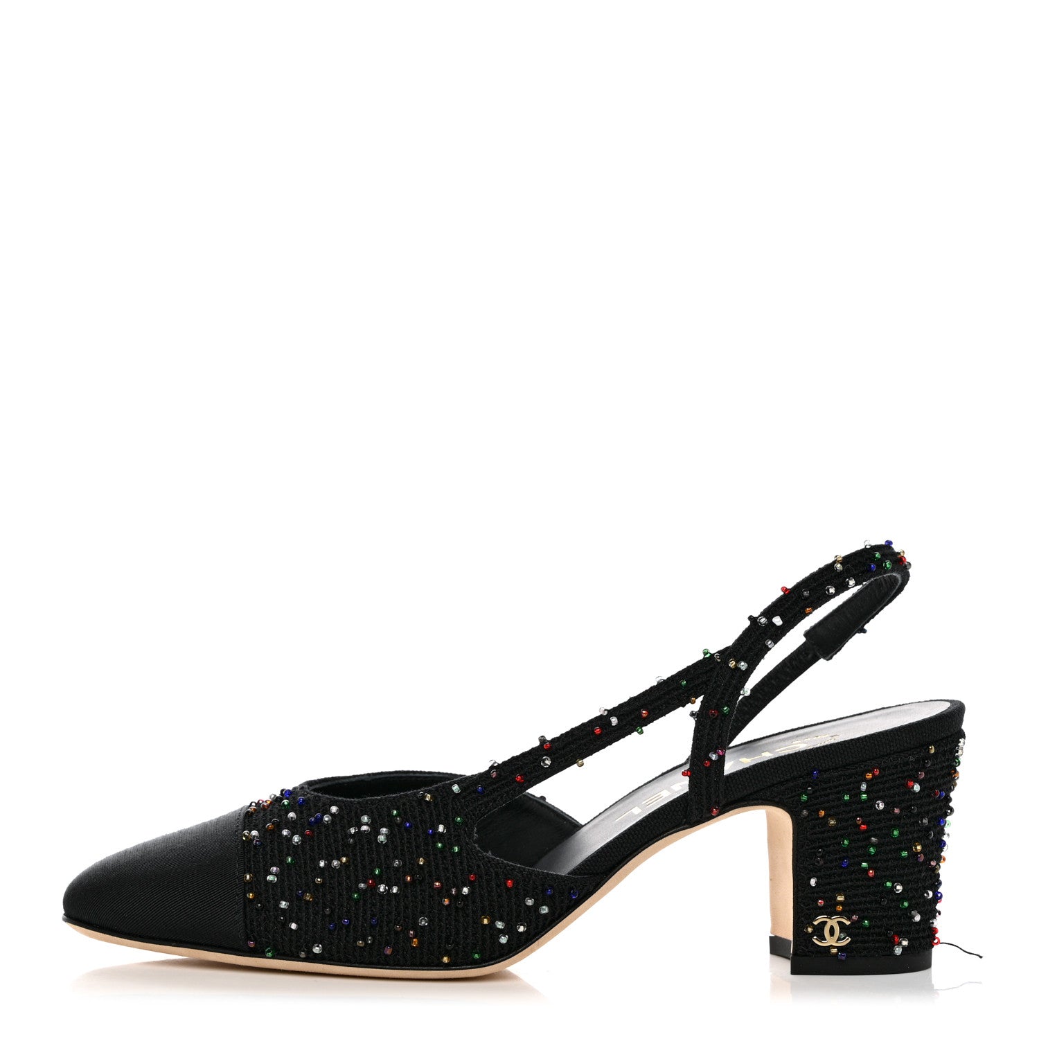 Chanel Tweed Beaded Cap Toe CC Slingback Pumps 38 Black 1 of 10