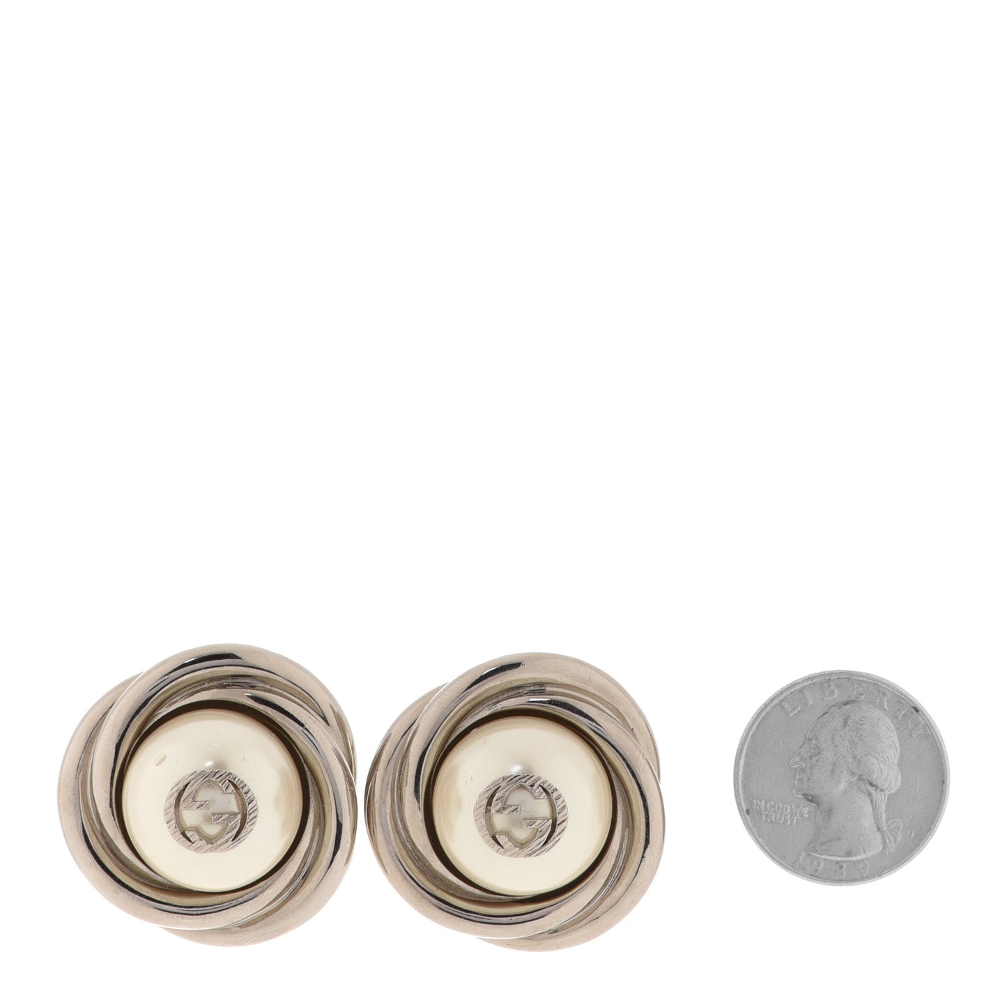 Metal Pearl Interlocking G Round Clip On Earrings Silver