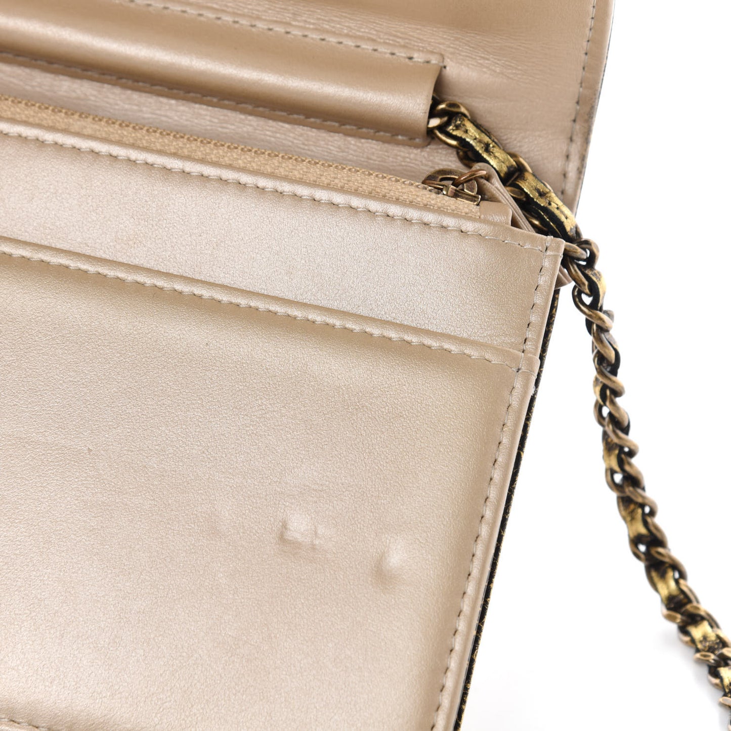 Cracked Metallic Calfskin Quilted Boy Wallet On Chain WOC Gold