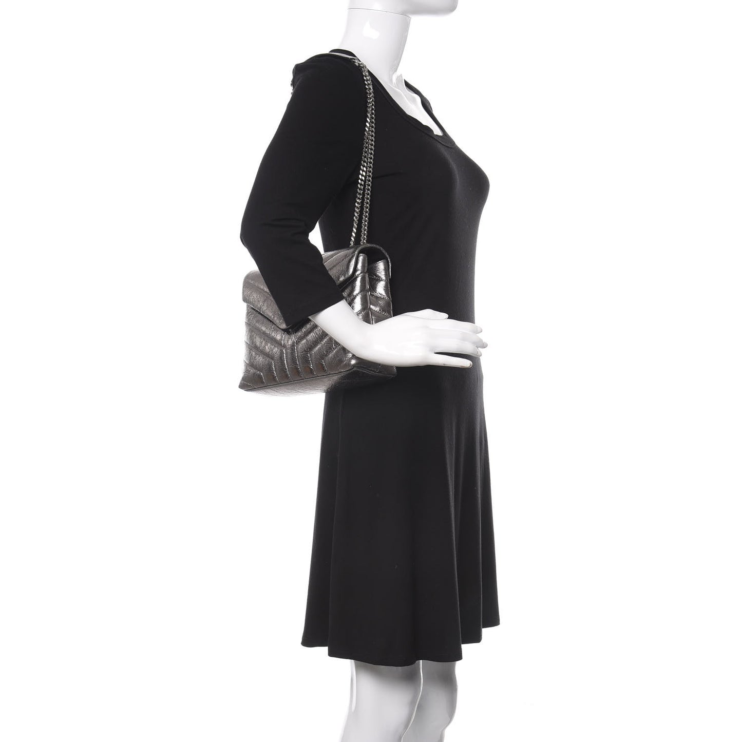 Metallic Calfskin Y Quilted Monogram Small Loulou Chain Satchel Acciaio