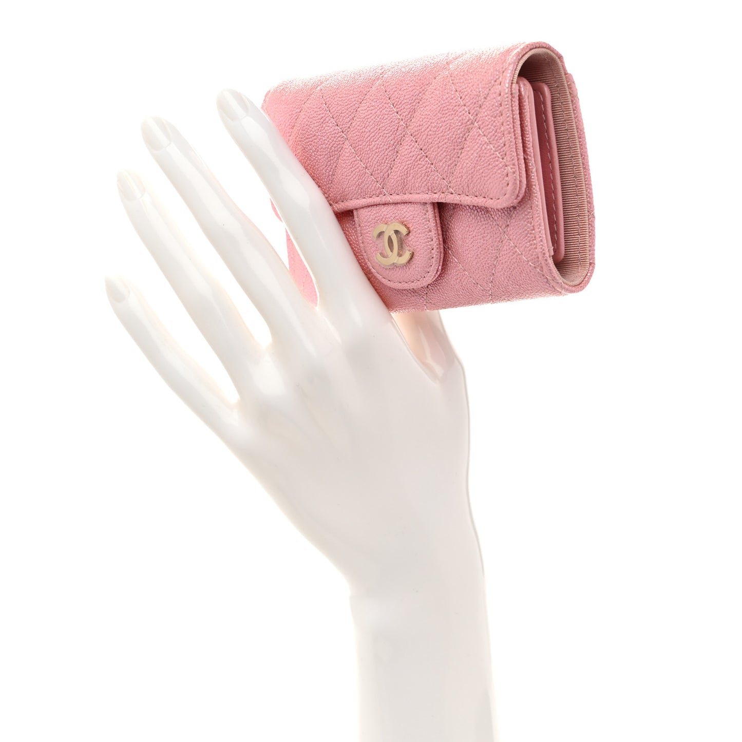 Iridescent Caviar Quilted Classic 4 Key Holder Wallet Pink