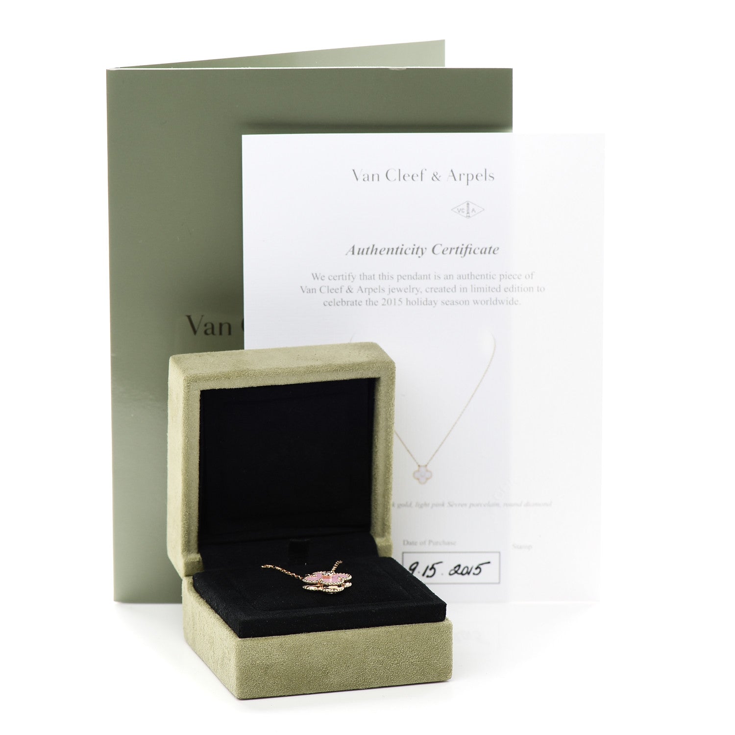 Van Cleef & Arpels 18K Rose Gold Diamond Pink Porcelain Vintage Alhambra Pendant Necklace 6 of 6