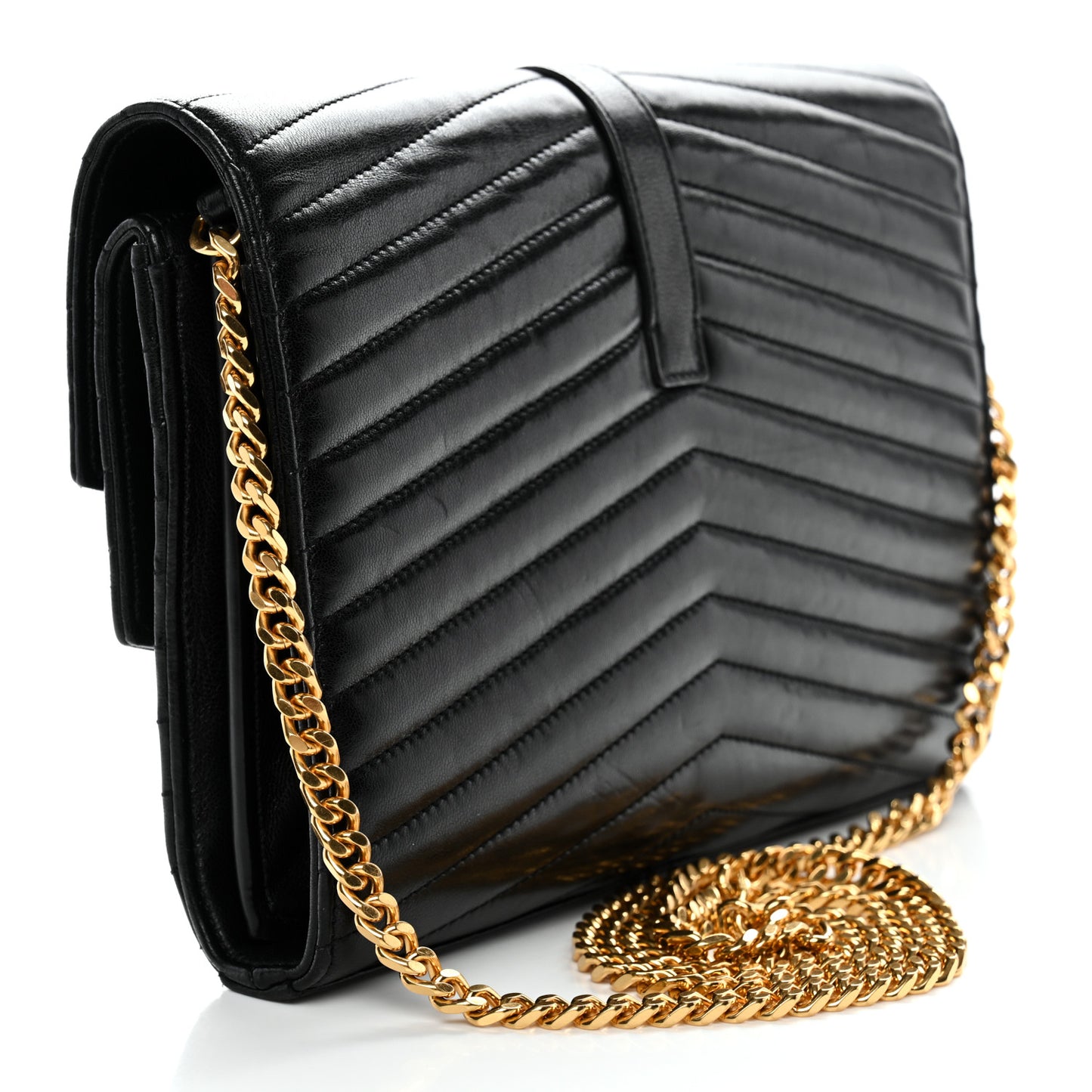 Lambskin Matelasse Chevron Monogram Sulpice Chain Wallet Black