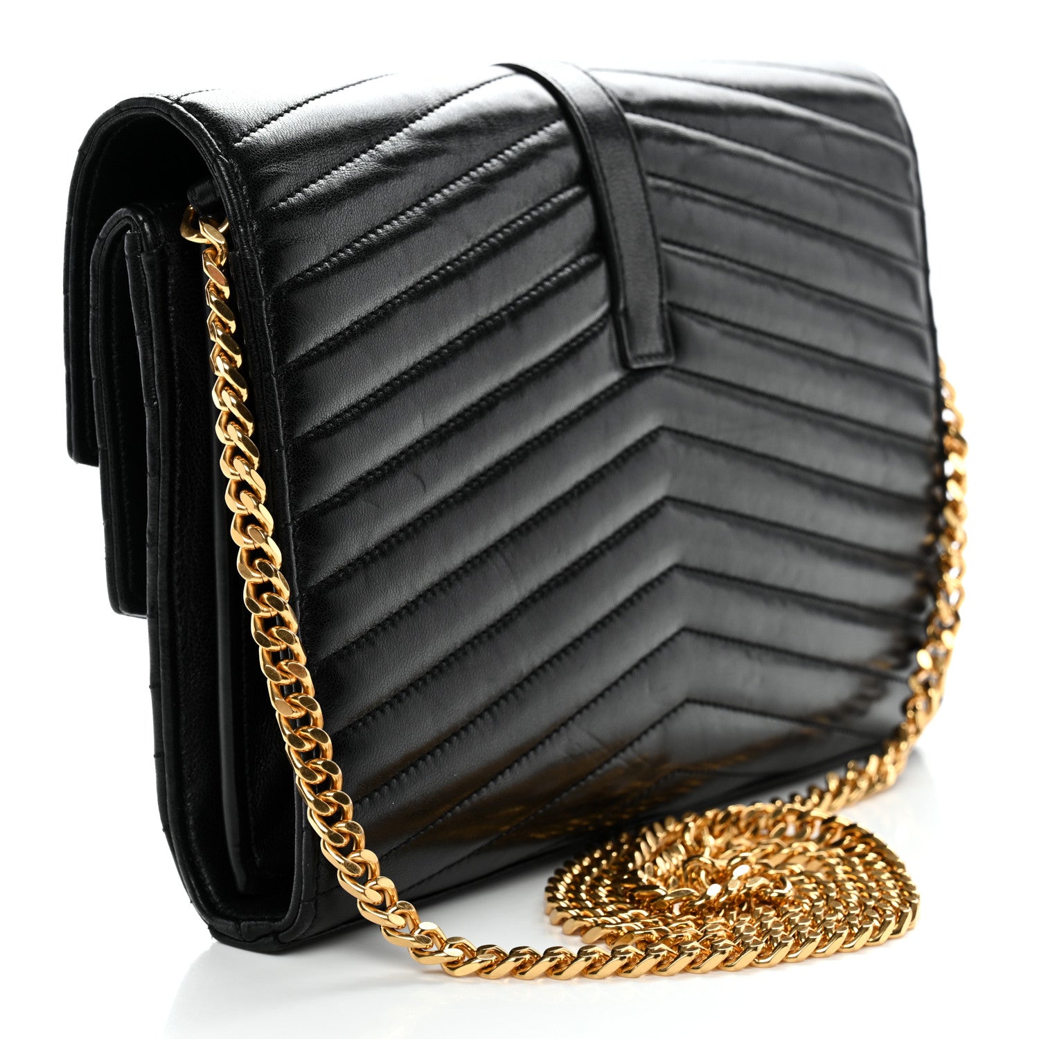 Saint Laurent Lambskin Matelasse Chevron Monogram Sulpice Chain Wallet Black 2 of 13