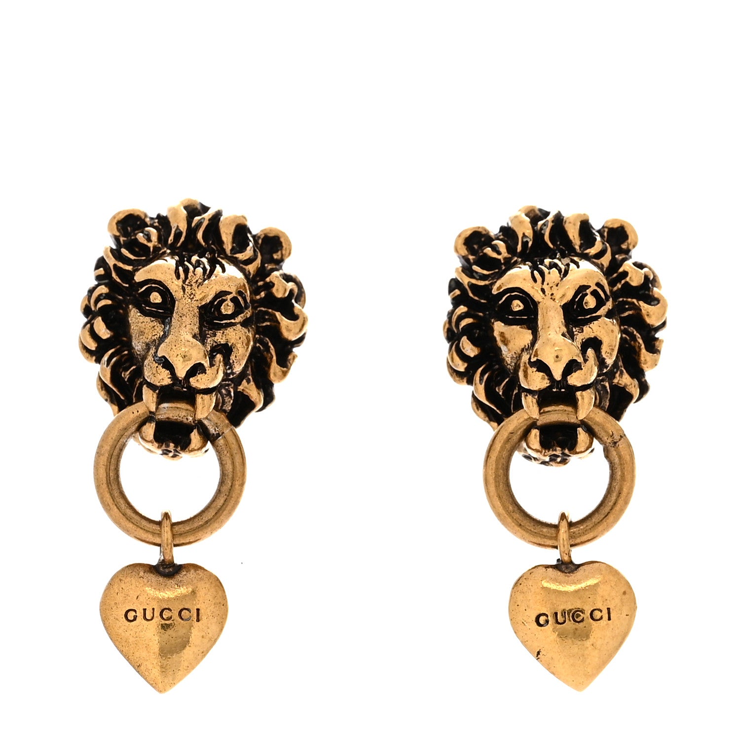 Gucci Metal Lion Head Heart Drop Earrings Aged Gold 1 of 5