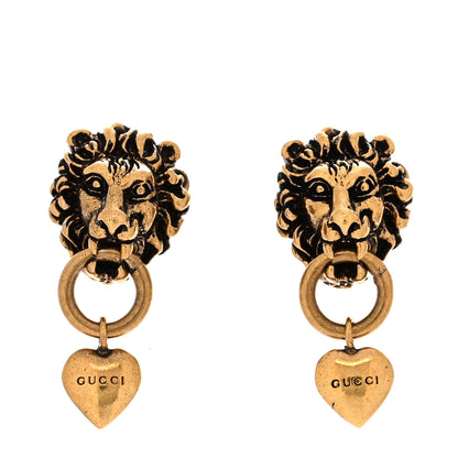 Gucci Metal Lion Head Heart Drop Earrings Aged Gold 1 of 5
