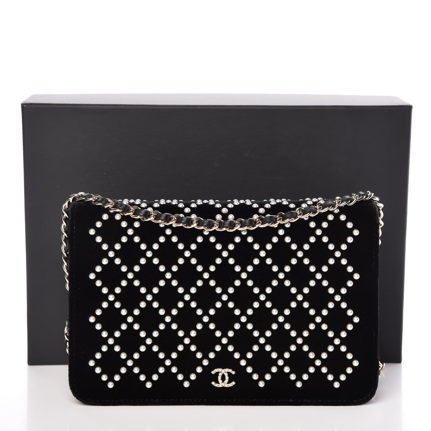Velvet Pearl Diamond Embellished Wallet On Chain WOC Black