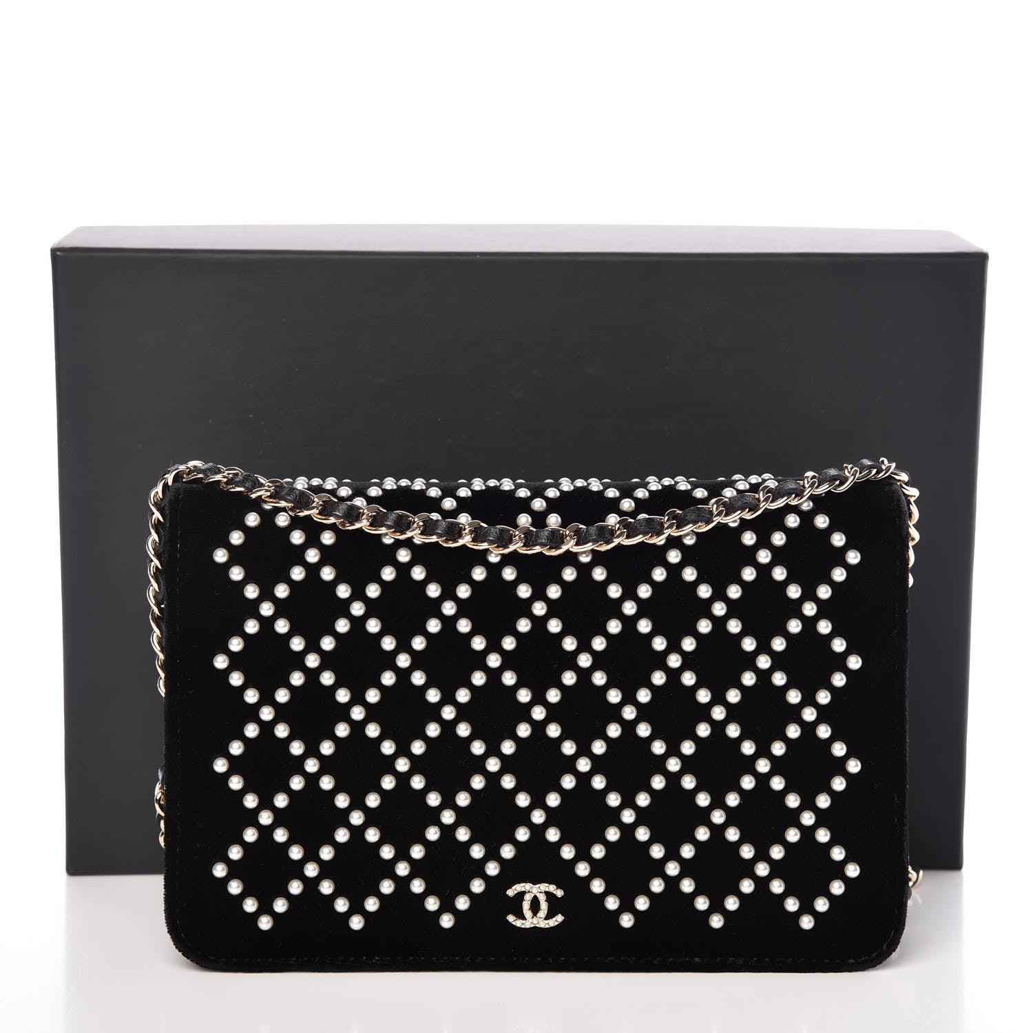 Chanel Velvet Pearl Diamond Embellished Wallet On Chain WOC Black 19 of 19