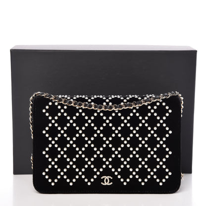 Chanel Velvet Pearl Diamond Embellished Wallet On Chain WOC Black 19 of 19