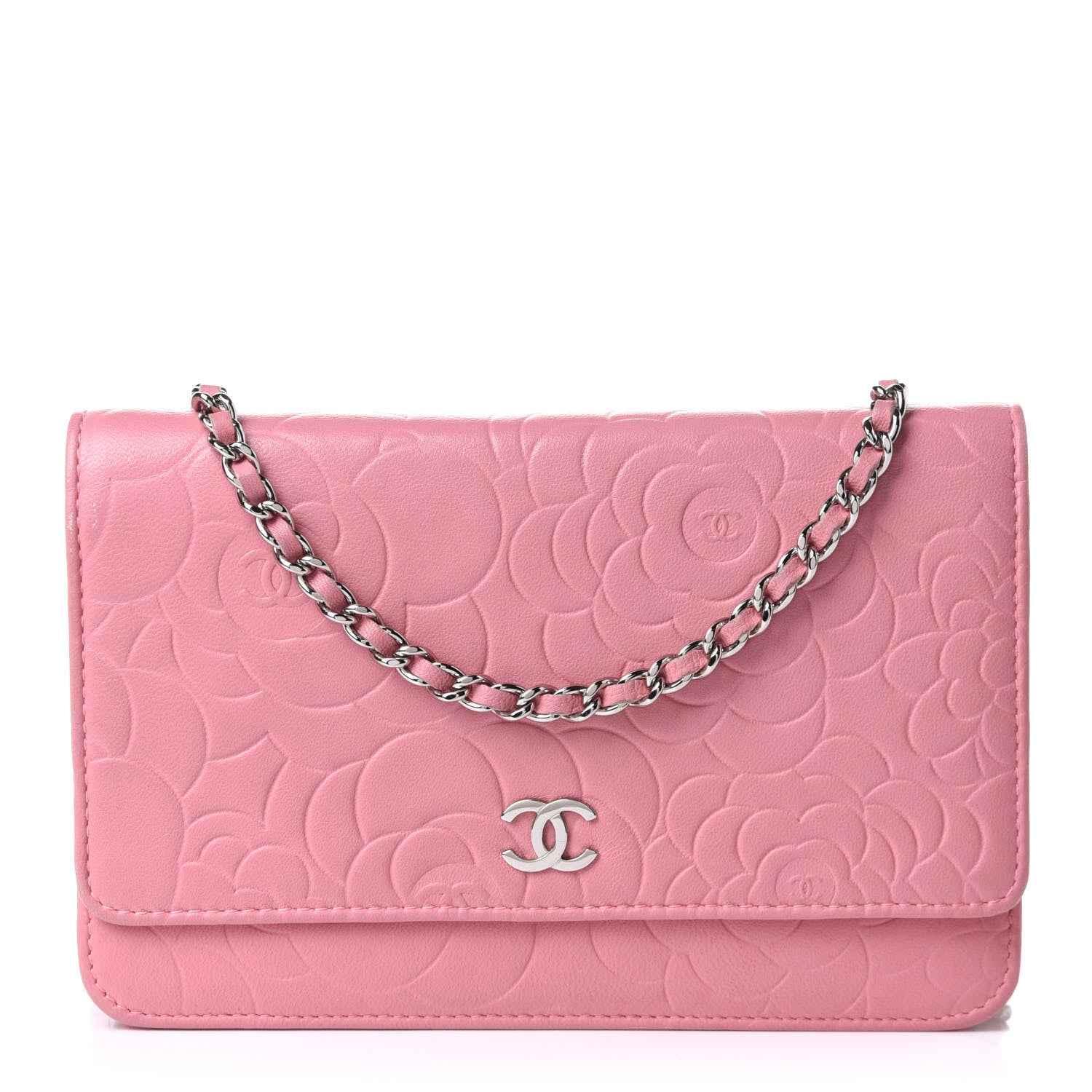 Chanel Lambskin Camellia Embossed Wallet On Chain WOC Pink 1 of 11