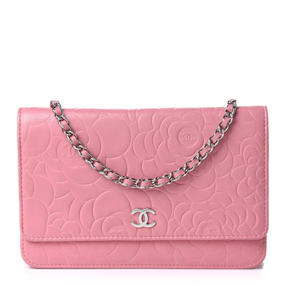 Chanel Lambskin Camellia Embossed Wallet On Chain WOC Pink 1 of 11