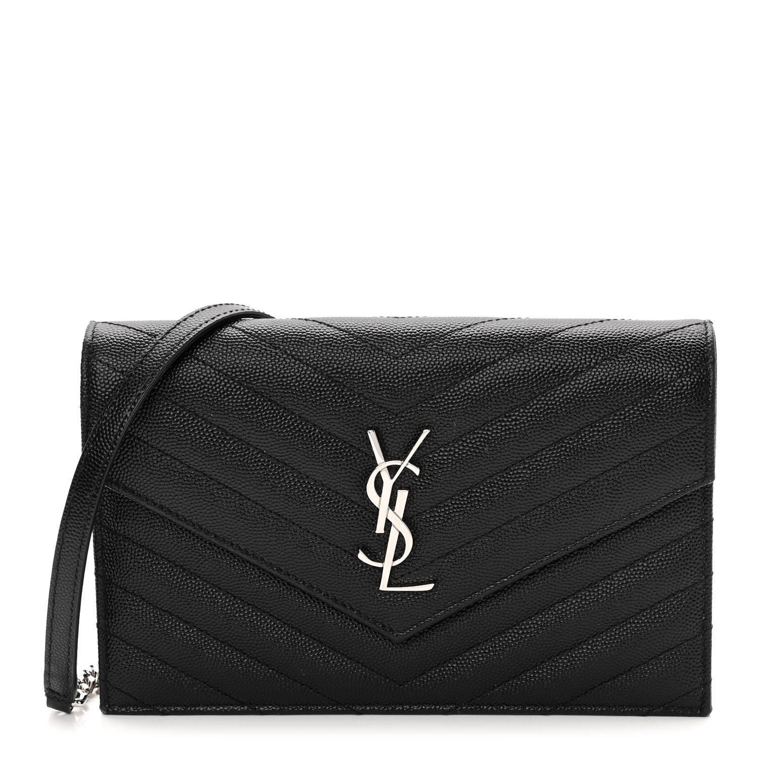 Saint Laurent Grain De Poudre Matelasse Chevron Monogram Envelope Chain Wallet Black 1 of 9
