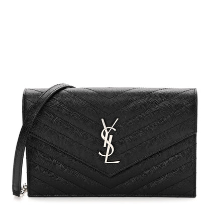 Saint Laurent Grain De Poudre Matelasse Chevron Monogram Envelope Chain Wallet Black 1 of 9