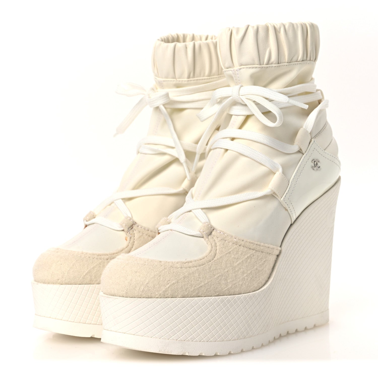 Chanel Tweed Patent Calfskin Runway Wedge Short Platform Boots 38 White Ivory 4 of 13