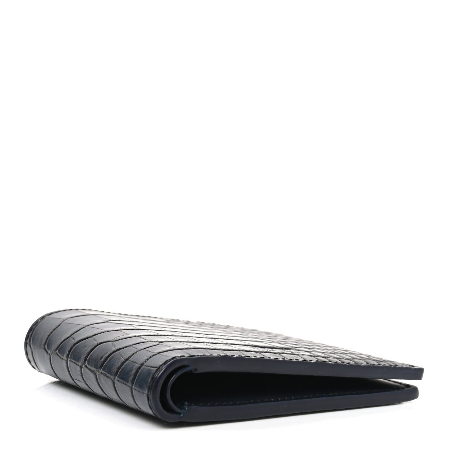 Glossy Calfskin Crocodile Embossed T Line Classic Bi-Fold Wallet Ink