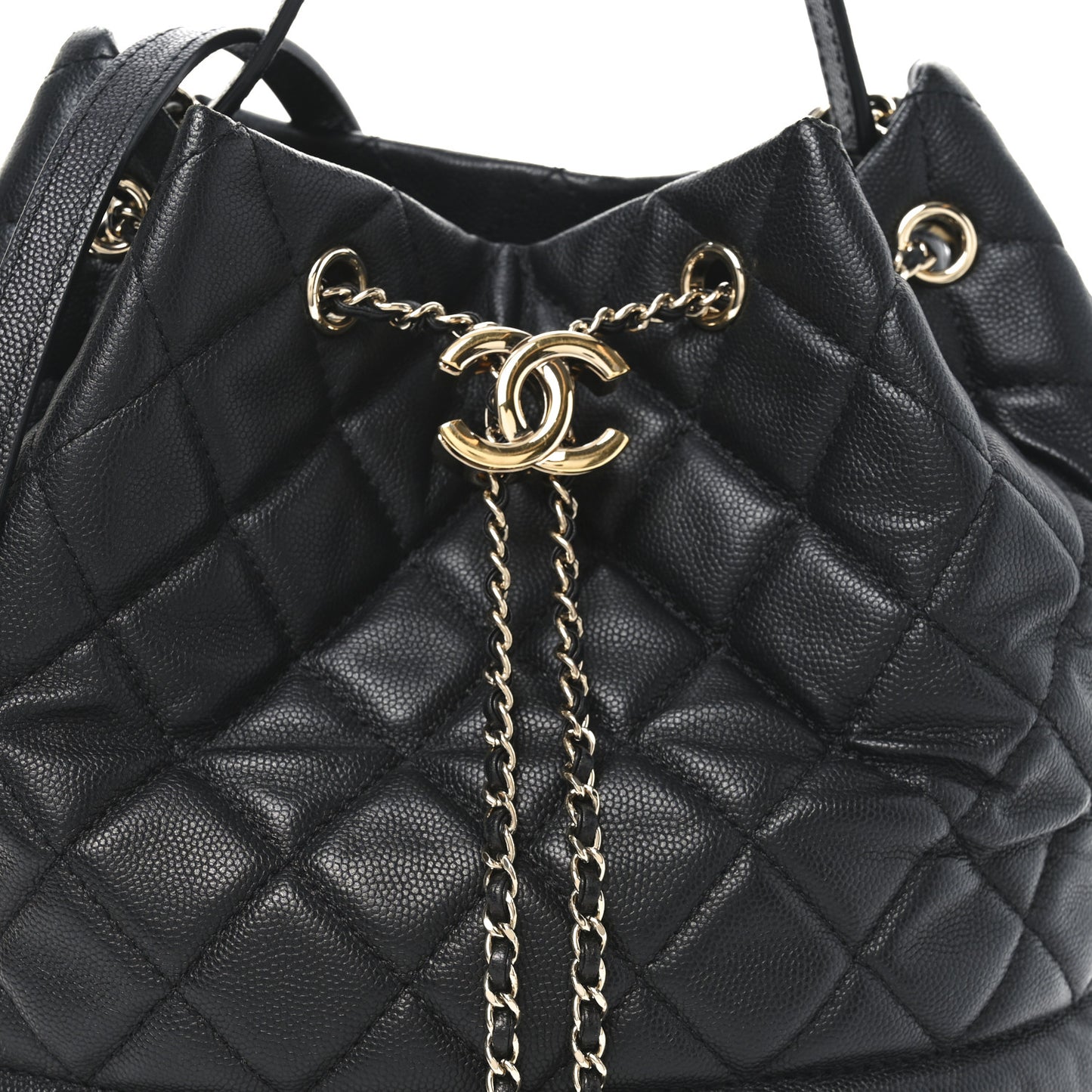 Caviar Quilted Large Rolled Up Bucket Drawstring Bag Black