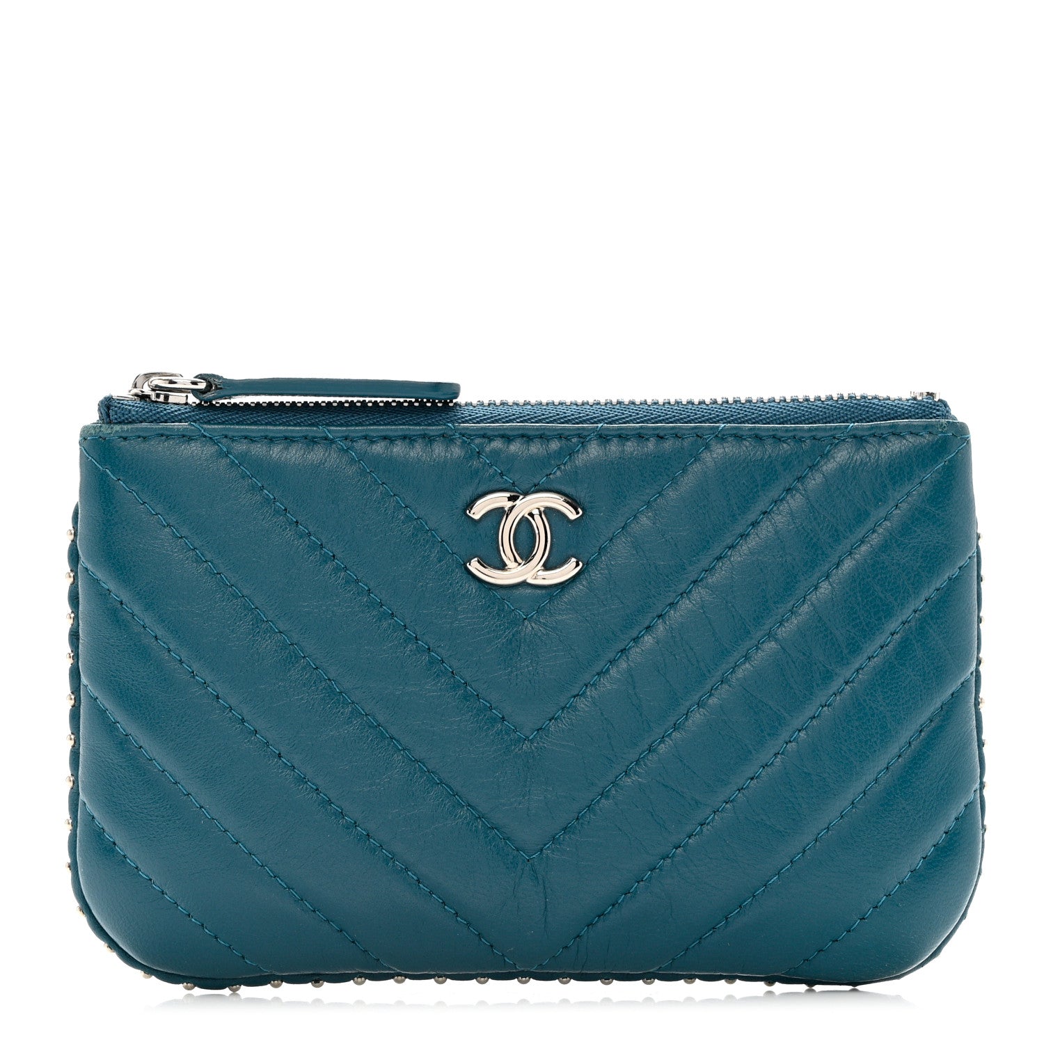 Chanel Lambskin Chevron Quilted Studded Small Cosmetic Case Blue 1 of 8