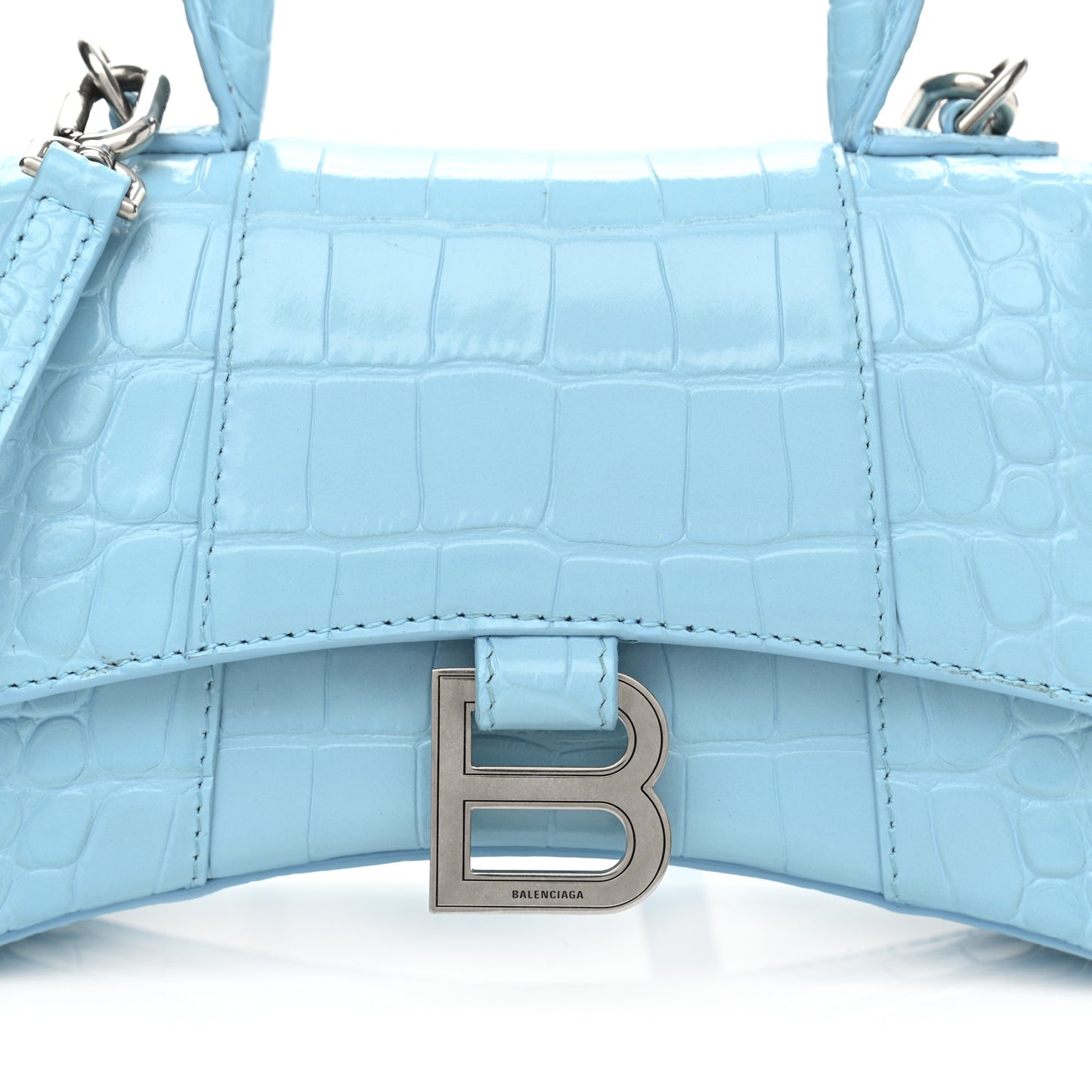 Shiny Calfskin Crocodile Embossed Hourglass Top Handle Bag XS Azur