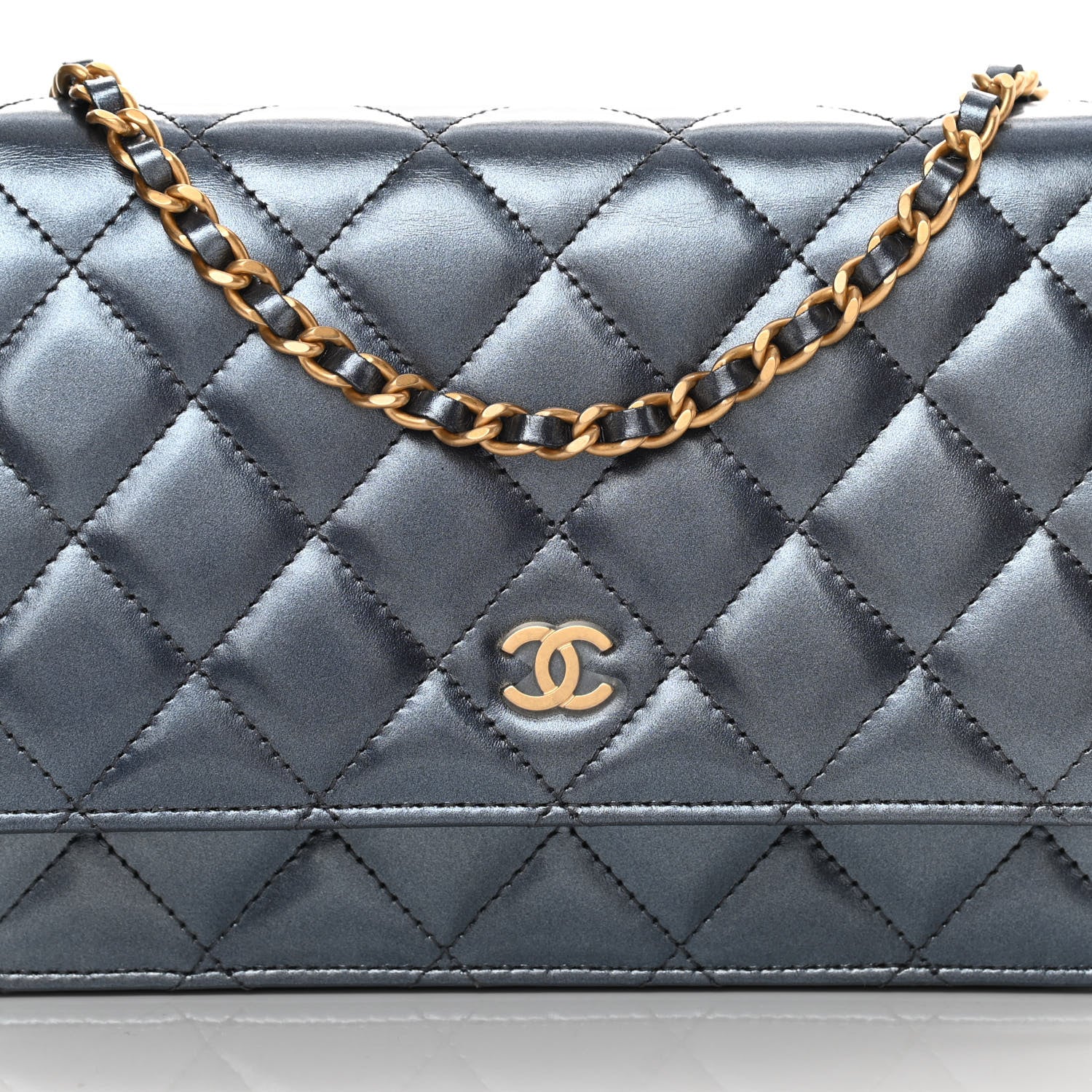 Chanel Metallic Lambskin Wallet On Chain WOC Blue 9 of 14