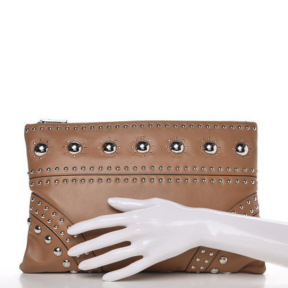 Prada Soft Calfskin Studded Zip Clutch Caramel 2 of 10