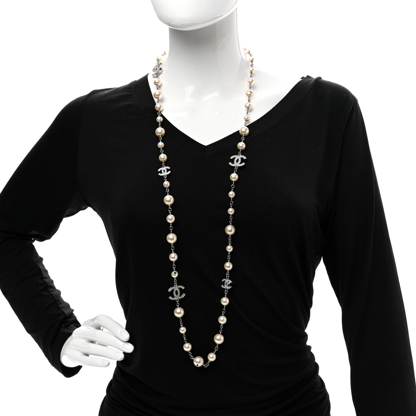 Graduated Pearl Crystal CC Long Necklace Silver