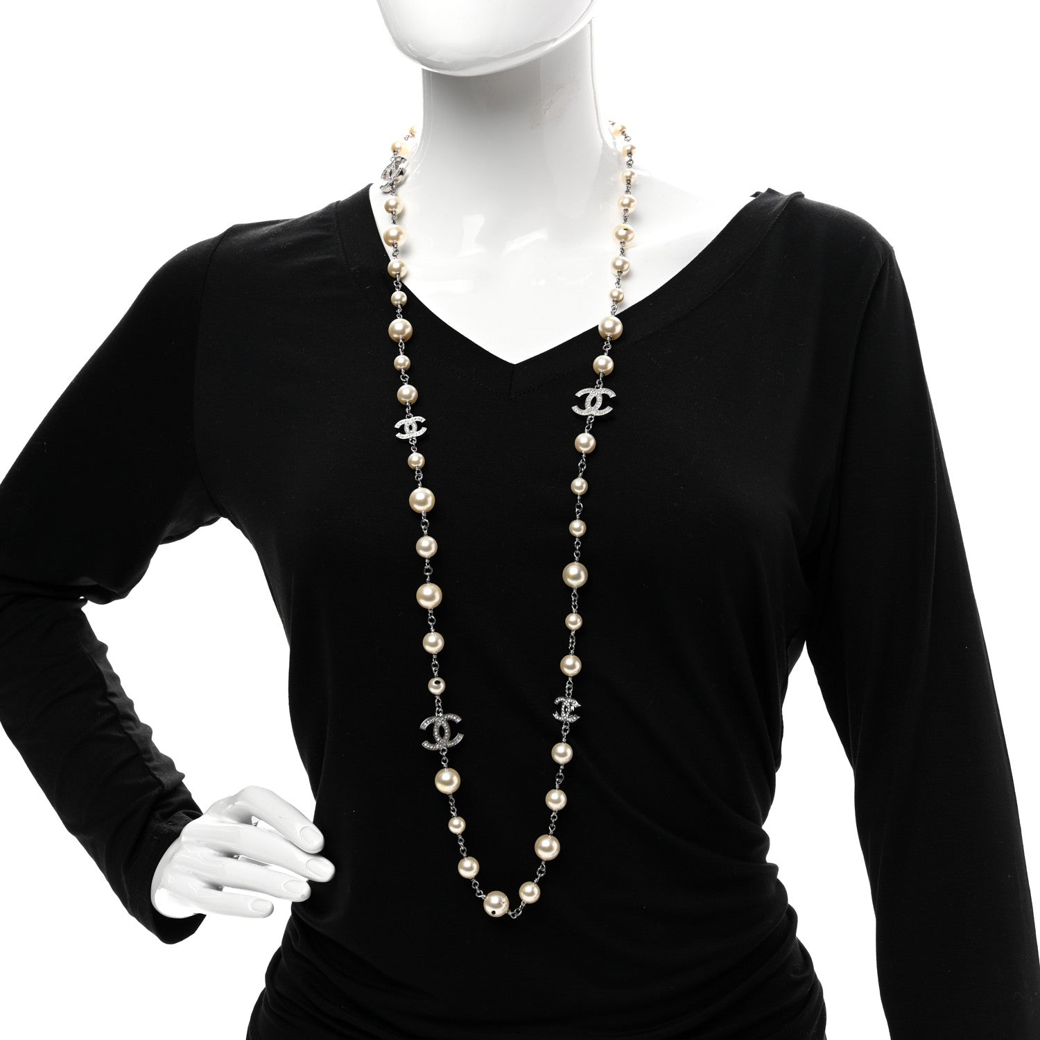 Chanel Graduated Pearl Crystal CC Long Necklace Silver 2 of 6