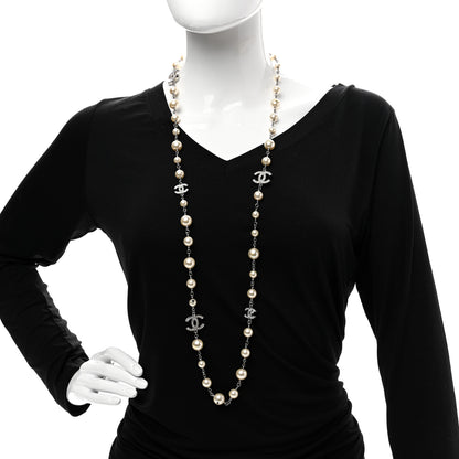 Chanel Graduated Pearl Crystal CC Long Necklace Silver 2 of 6