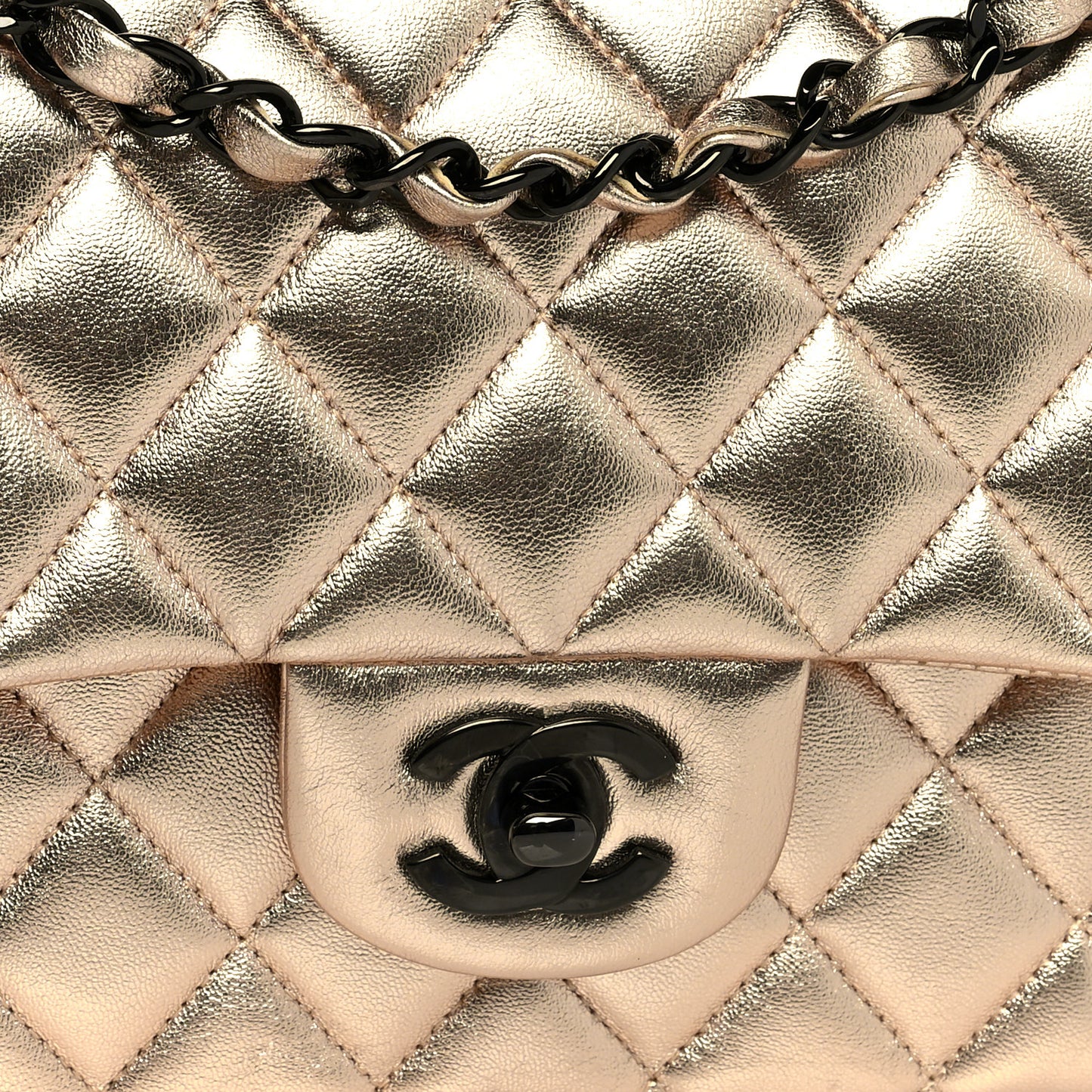 Metallic Lambskin Quilted Medium Double Flap Gold Black