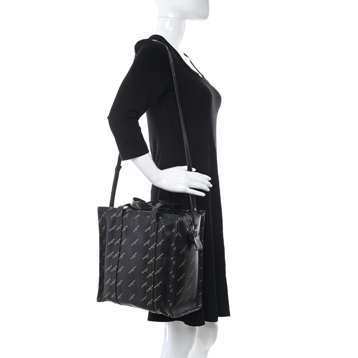 Calfskin Allover Logo Small Bazar Shopper Tote Black Gold