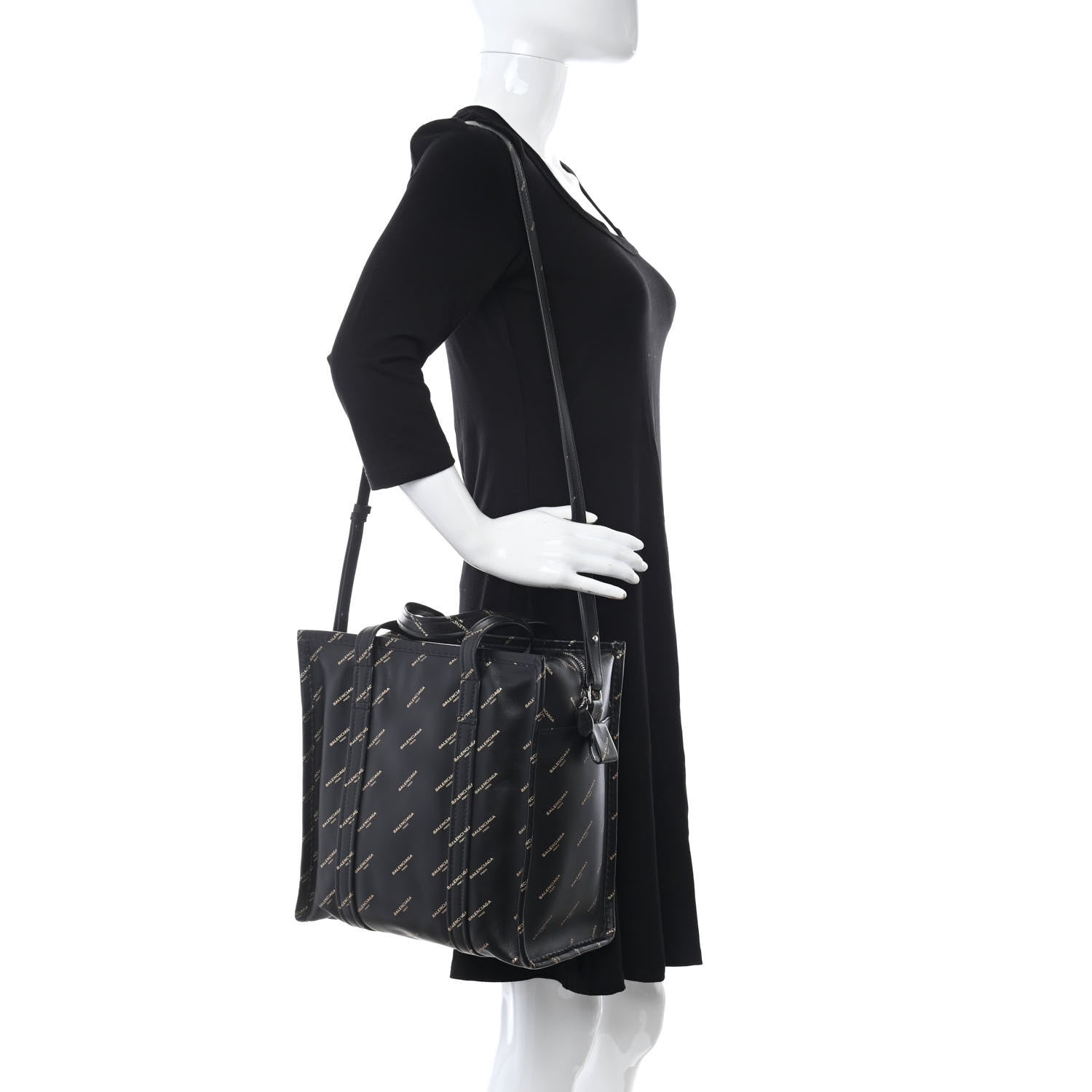Balenciaga Calfskin Allover Logo Small Bazar Shopper Tote Black Gold 2 of 10