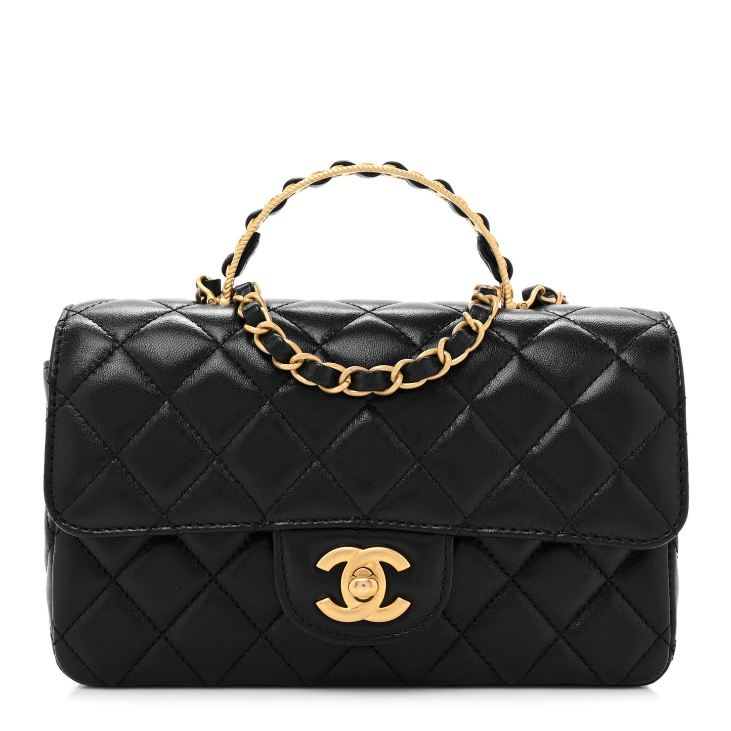 Lambskin Quilted Mini Metal Top Handle Rectangular Flap Black