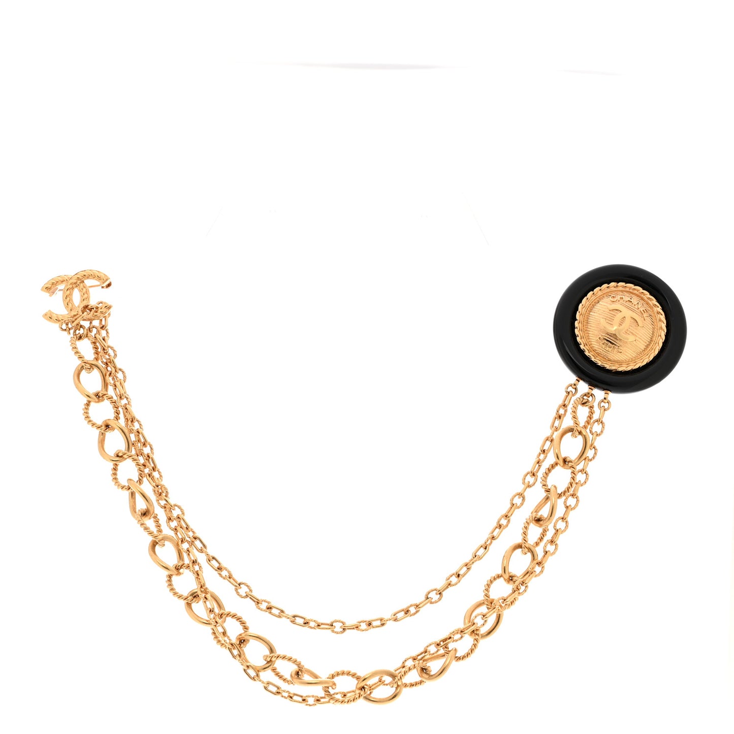 CC Medallion Multi Strand Long Chain Brooch Gold Black