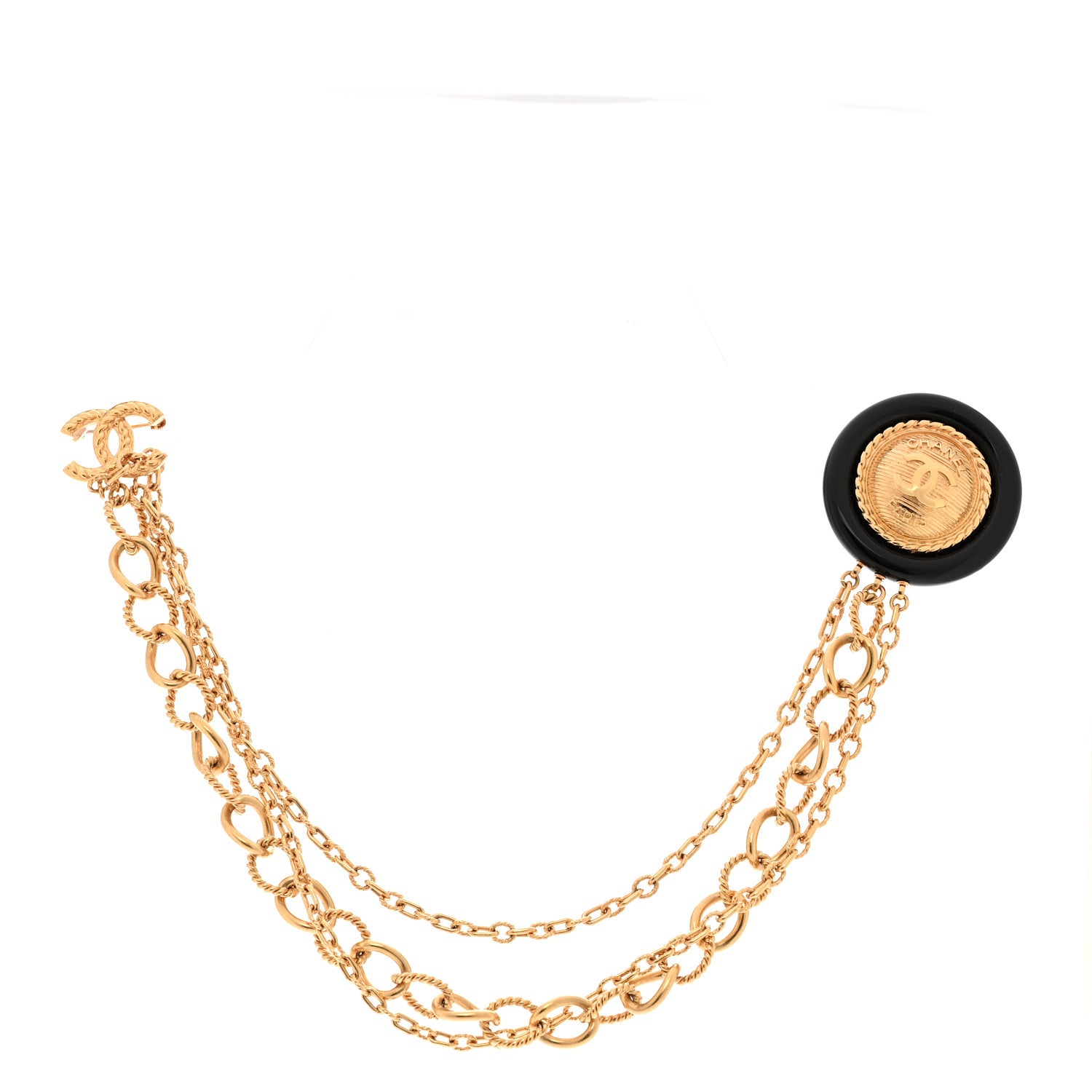 Chanel CC Medallion Multi Strand Long Chain Brooch Gold Black 1 of 4
