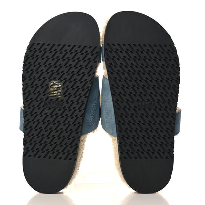 Hermes Suede Goatskin Woolskin Womens Chypre Sandals 38.5 Bleu Pinede Ecru 5 of 8