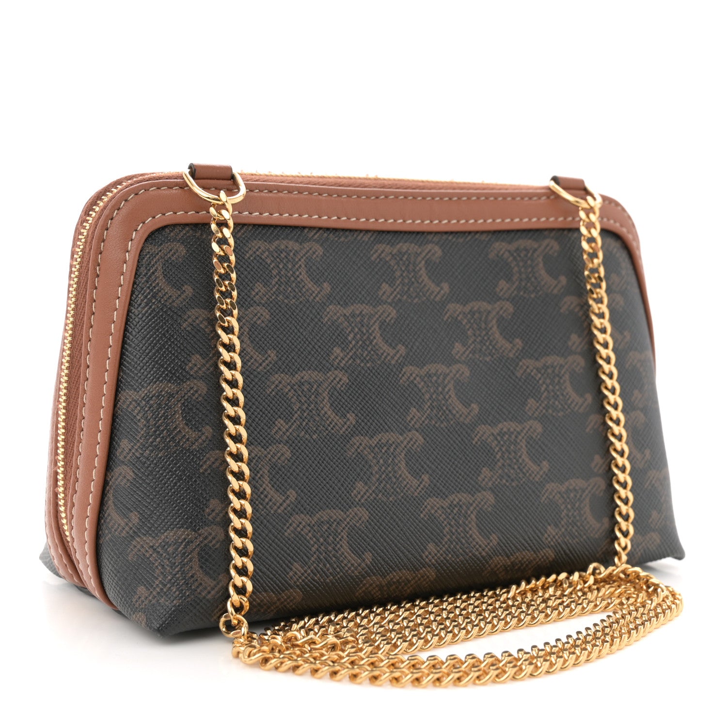 Celine Triomphe Canvas Lambskin Clutch On Chain Tan 3 of 12
